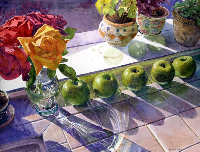 Roses and Apples Still Life in Watercolor by Belinda Del Pesco