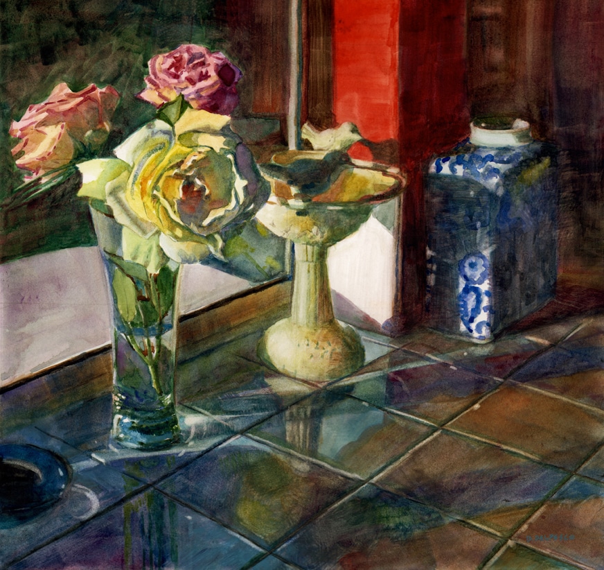 a watercolor painting of roses in a vase on a tiled kitchen counter with lots of reflections