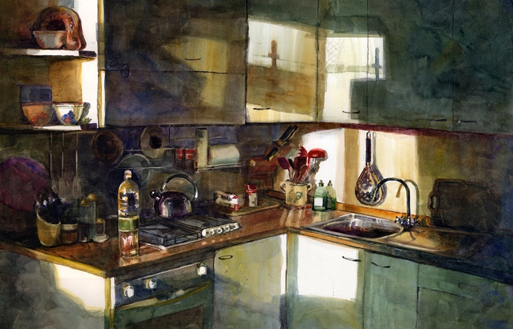 watercolor of a kitchen