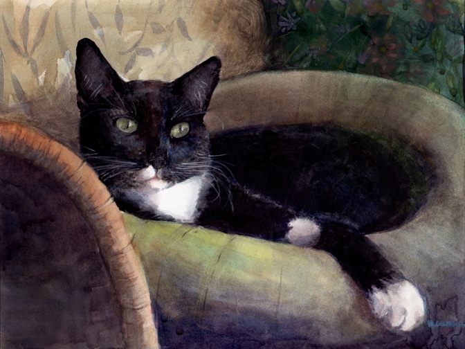 a watercolor painting of a tuxedo cat lounging in a cat bed, looking smug