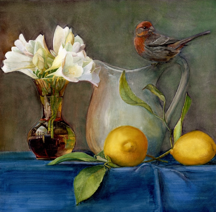 floral still life watercolor with a bird