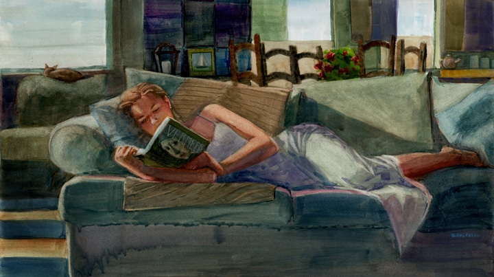 A figurative watercolor of a woman reading on the couch