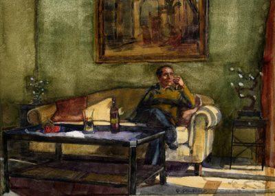 a watercolor painting of a man sitting on a couch drinking wine