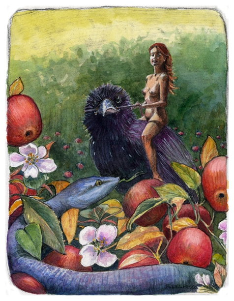 a woman riding a crow, with an apple tree in the foreground, hiding a blue snake, painted in watercolor and charcoal together