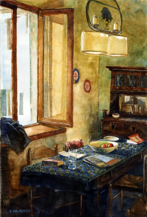 A table in front of an open window in watercolor