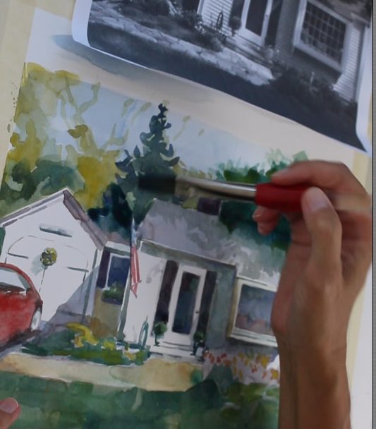 painting a house portrait in watercolor