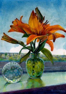 fixing a failed watercolor with colored pencil - a day lily and a paper weight