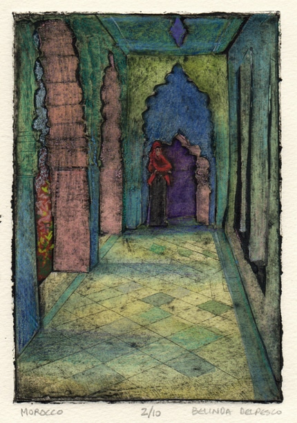 a collagraph print of a moroccan collonade with scalloped keystone arches and a figure standing at the far end