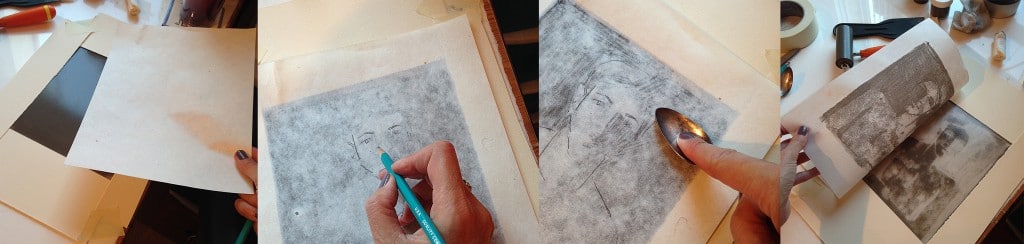 Four steps in photos to create a monotype on the kitchen counter using ink, paper, a brayer, a silver spoon and some paper.