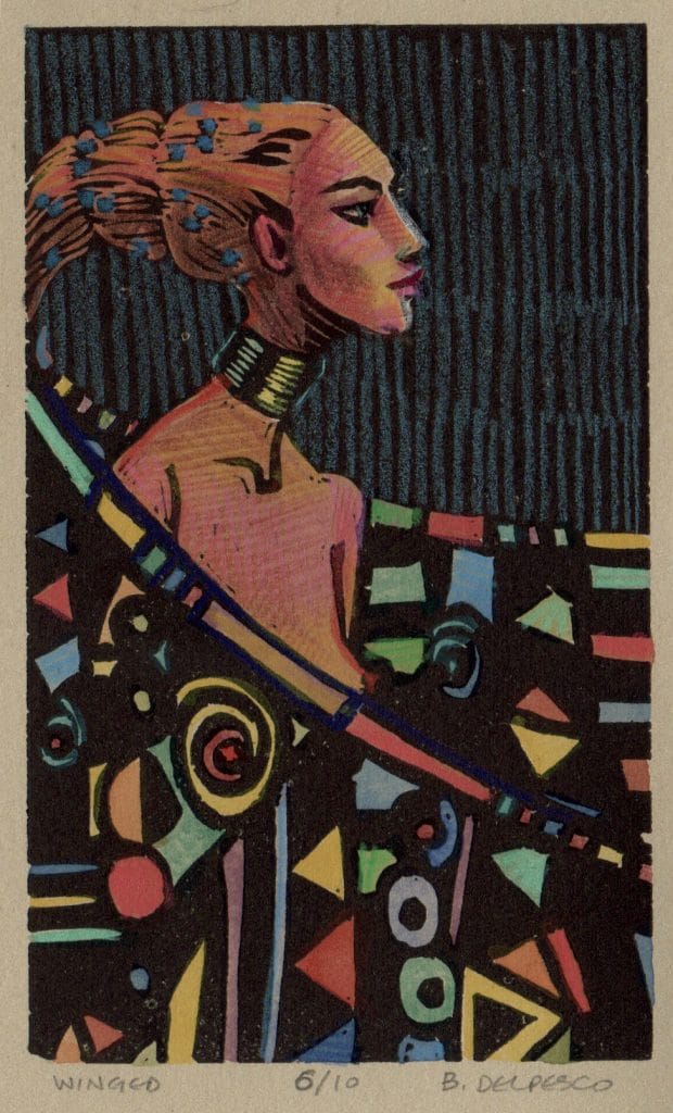 a woman in profile, wrapped in a jeweled cape, printed as a linocut, and hand colored with watercolor and colored pencil