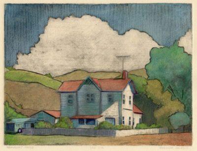 a collagraph print of a house surrounded by a picket fence in a meadow near a stand of trees with puffy clouds in the background