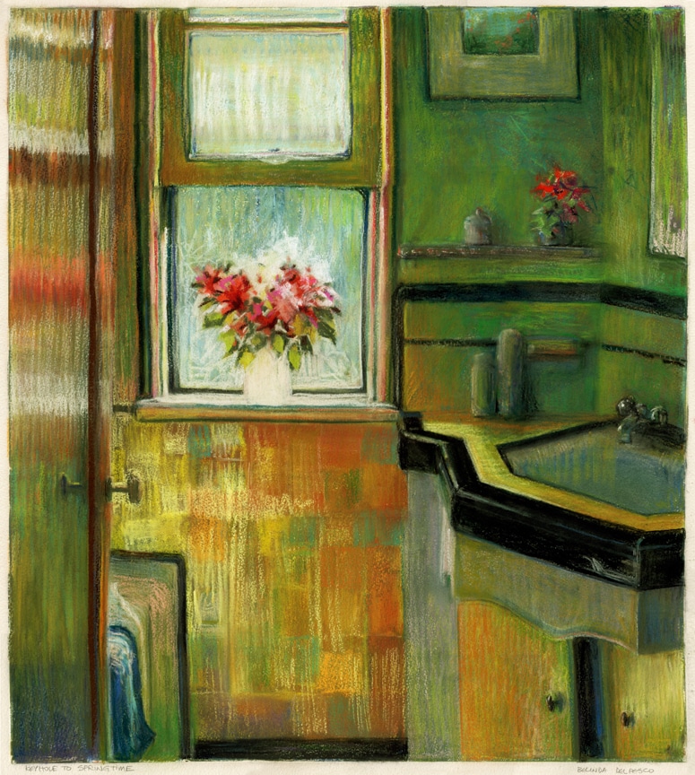 a monotype with pastel showing an interior art deco bathroom with a bright, open window and a bouquet of flowers on the sill