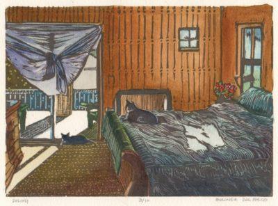 a linocut of a room with a bed, and a sunny window with lounging cats