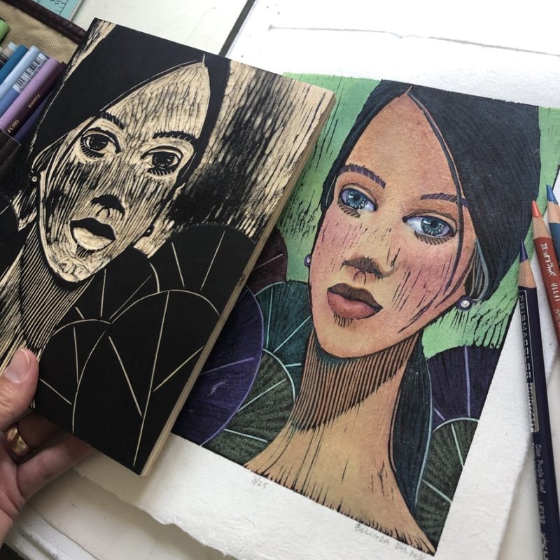 a woodblock print of a woman;'s face, next to the finished print, hand colored with watercolor and colored pencils