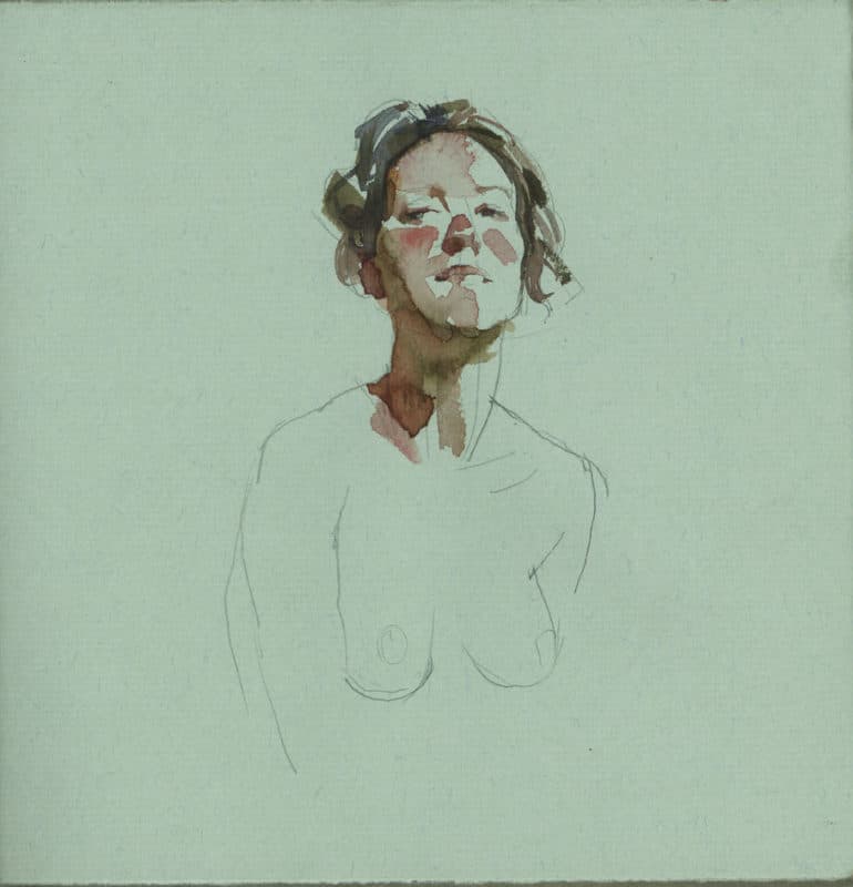 a figure with head and shoulders sketched in pencil and a few light brush marks of watercolor on the face, neck and hair