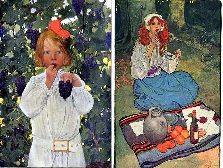 a child eating grapes by Sarah Stillwell, and an illustration by Elizabeth Shippen Green for a 1911 Harper's Magazine