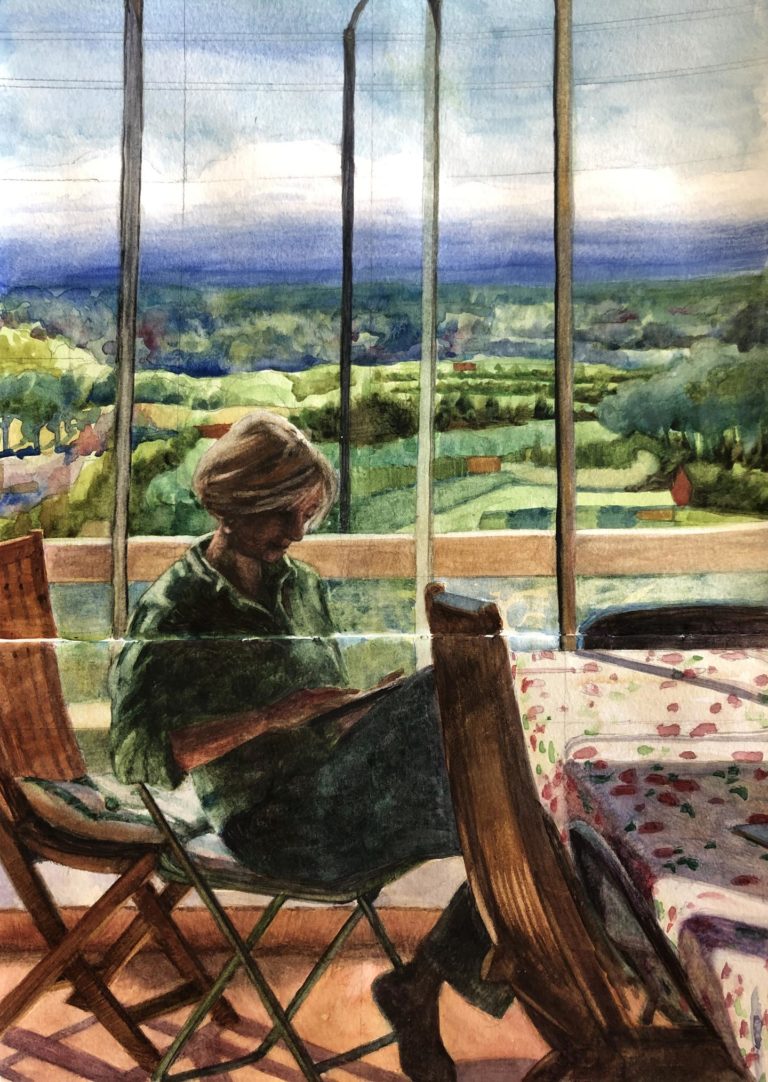 a watercolor study of a woman reading in the sun in front of a huge window looking out over a beautiful distance landscape.