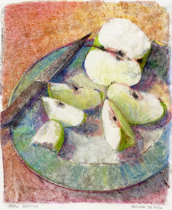 a light field monotype of a plate of sliced green apples with a paring knife resting on the rim of the plate