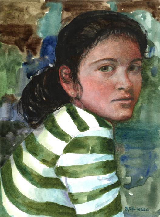 Small Watercolor portrait of a girl in a striped shirt, looking over her shoulder at the viewer