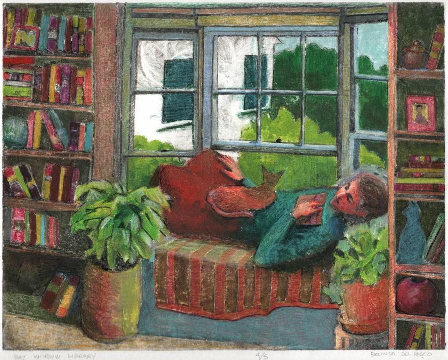 a collagraph print of a bay window surrounded by books, with a figure lounging with a cat and a book on the sill
