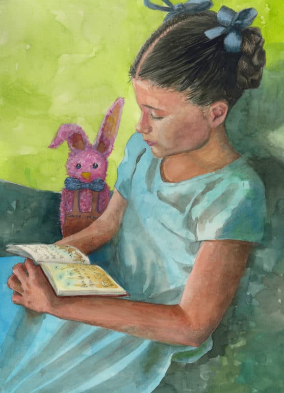 a watercolor of a little girl in a blue dress with her hair in looped braids, seated with a book in her lap, and a furry pink bunny next to her.
