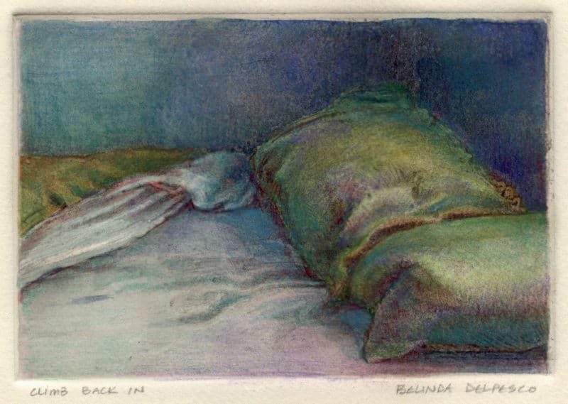 dark field monotype ghost print with watercolor and colored pencil of a bed and pillows with rumpled sheets