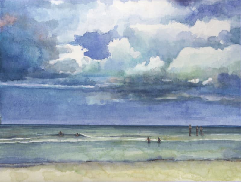 a watercolor of a beach shore with receding clouds over the ocean