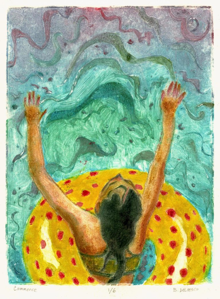 a girl in a swimming pool, with her arms outstretched in a yellow inner tube, about to push off into the water