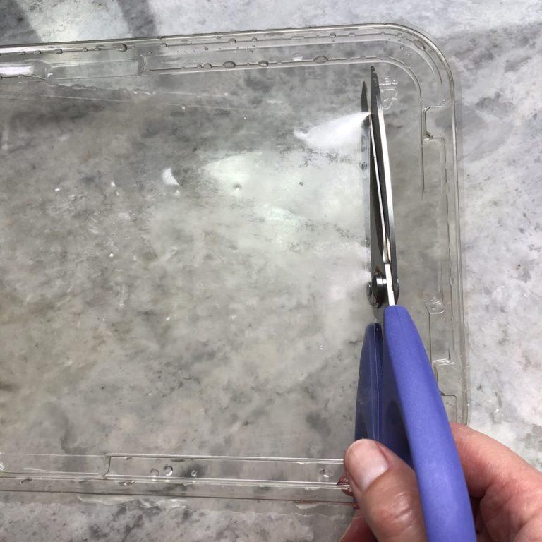  Utilisez des ciseaux pour couper les parties plates des contenants alimentaires en plastique du couvercle et du fond pour les utiliser comme plaques de gravure 