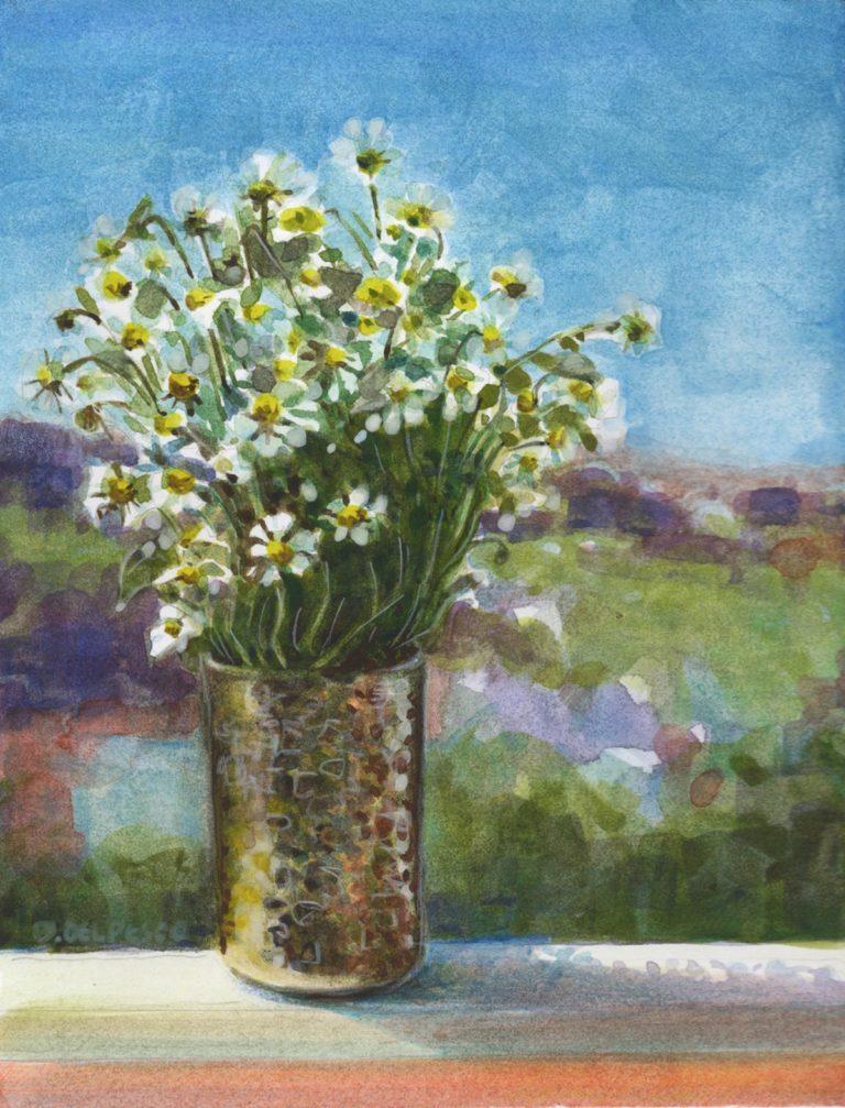 a watercolor painting of tiny daisies in a brass vase in the sunshine