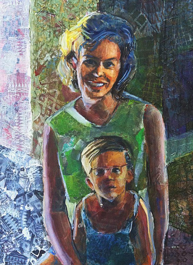 collage portrait made from torn paper and paint of a mother and child