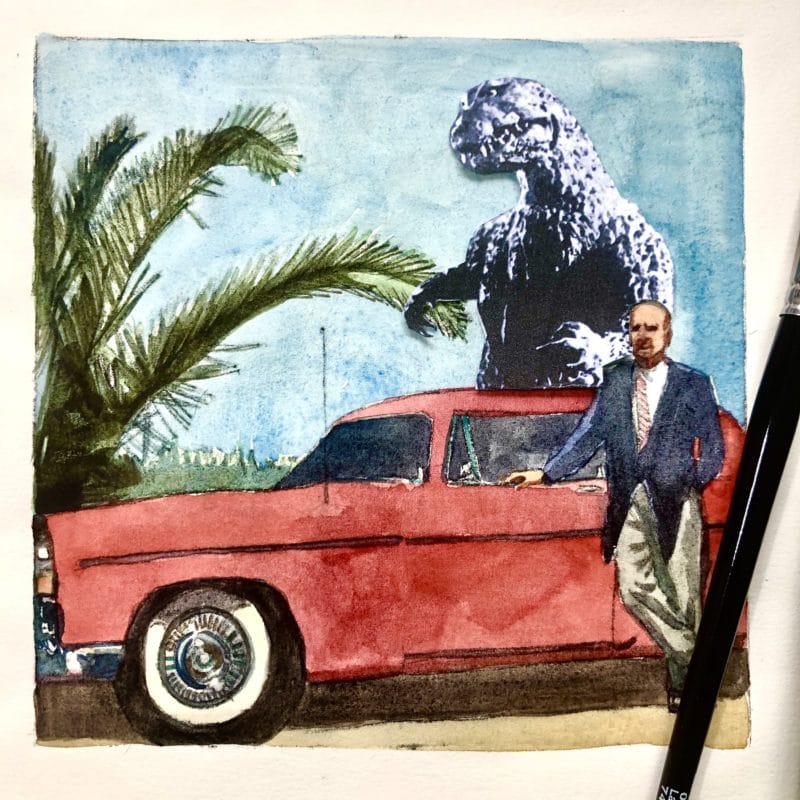  Une gravure à la pointe sèche représentant un homme debout dans une veste de costume et une cravate devant une Chrysler 300 de 1955 avec un palmier et un Godzilla en arrière-plan 