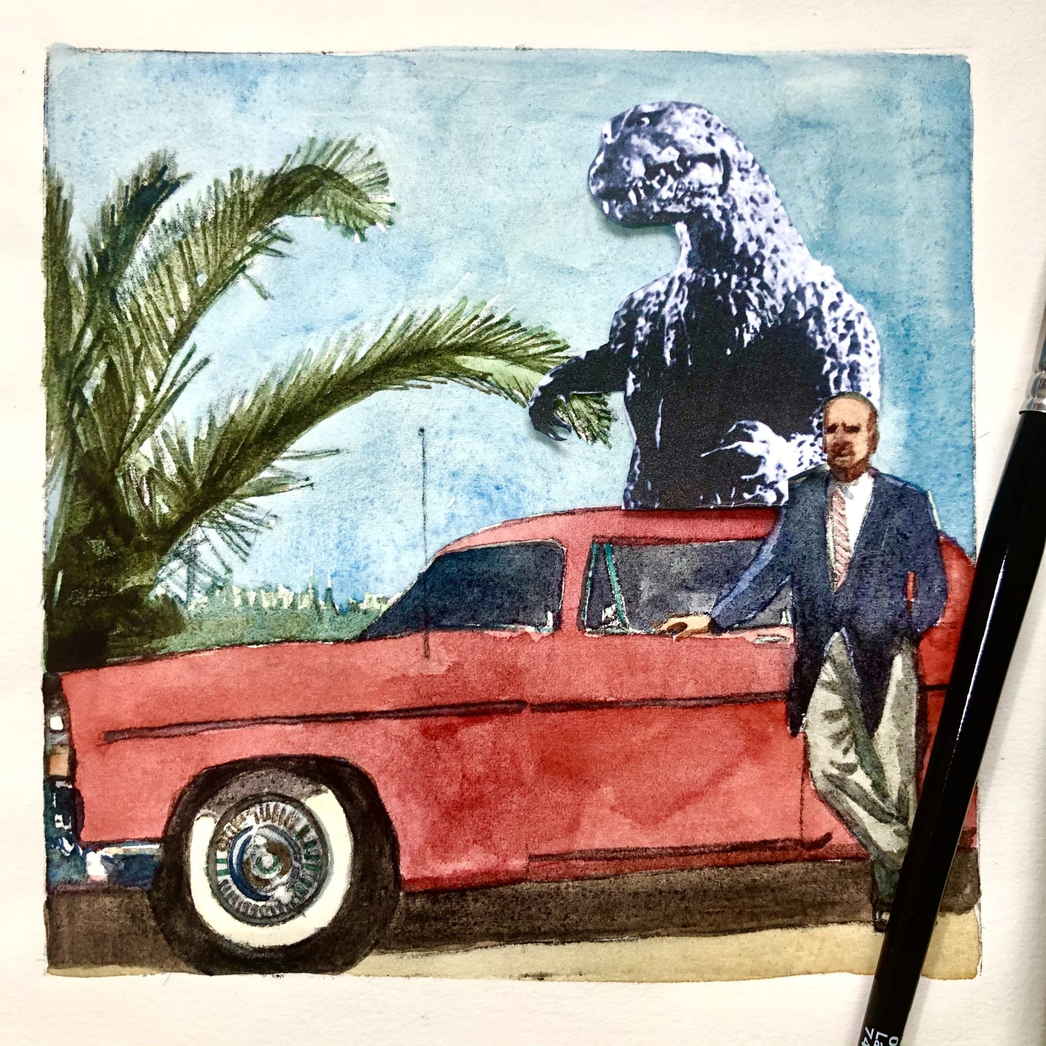 Drypoint engraving of a man with a Chrysler 300 and Godzilla