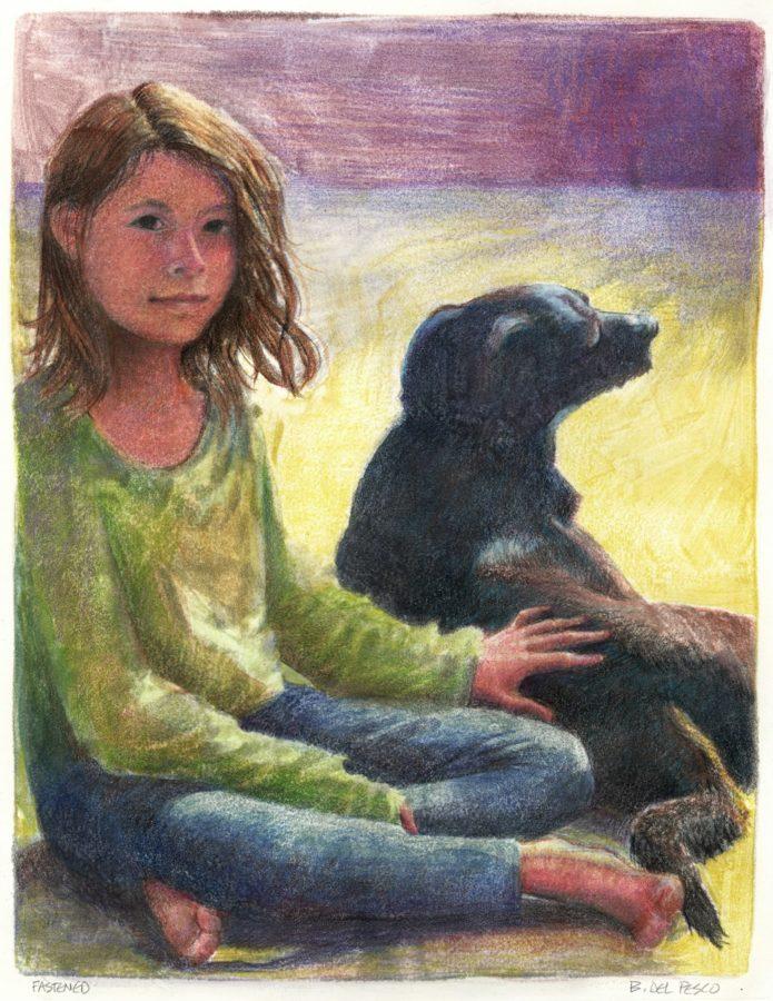 color monotype pf a girl and her dog