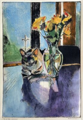 mokulito wood litho print of a cat next to a vase of flowers