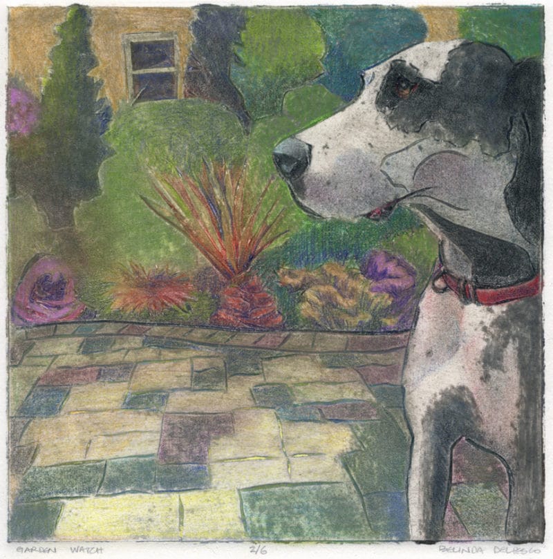 a collagraph of a great dane dog in a garden with colorful plants in the background