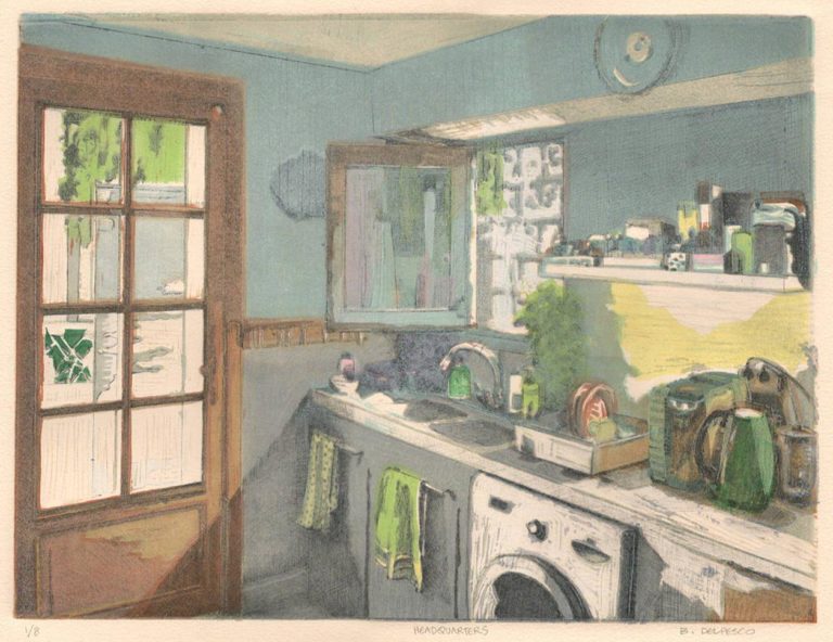 a linocut and drypoint of a kitchen sink near a door and a washing machine