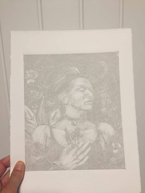 a faint monotype ghost print of a woman floating among flowers, loosely rendered on white paper in gray ink