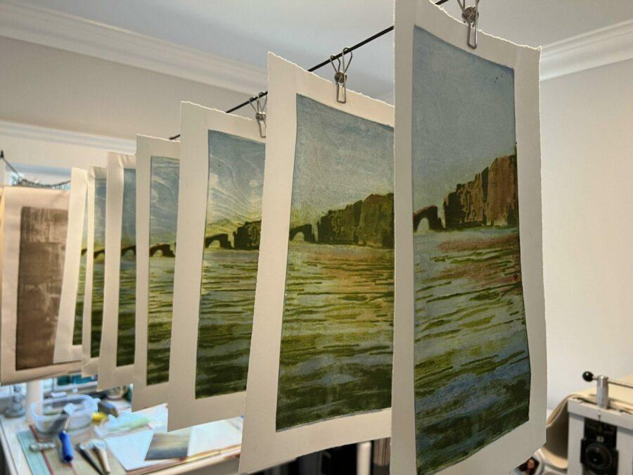 Mokulito prints hanging in the art studio to dry