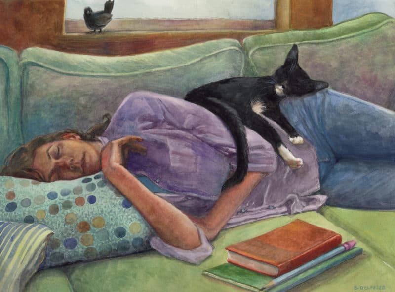 a watercolor of a woman napping on a couch with a cat sleeping on her hip