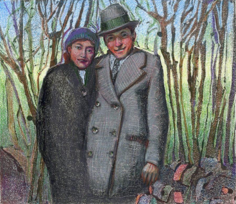 dark field monotype print of a couple from a vintage photograph