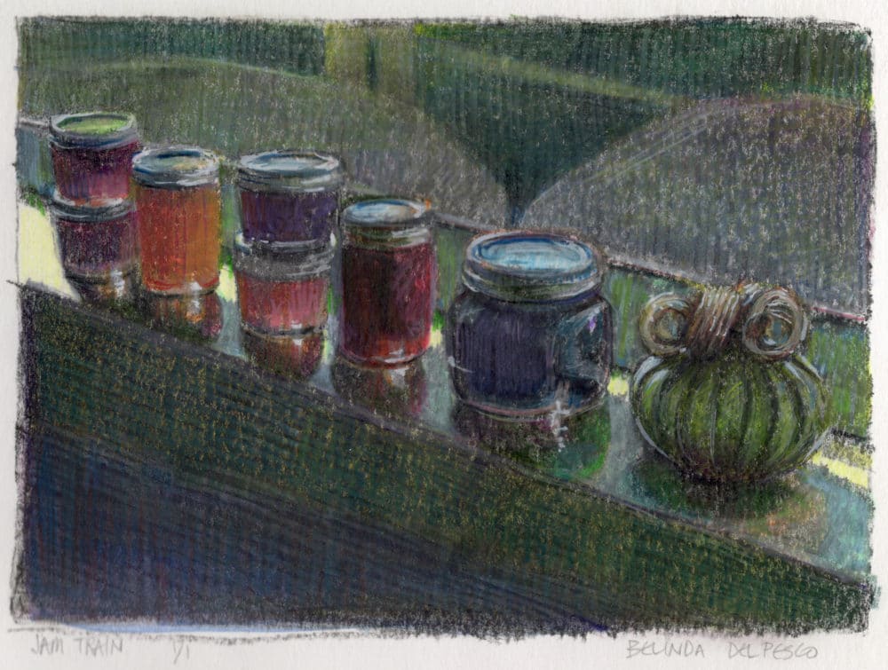 Monotype print of a still life showing a window sill with a row of preserve jars lined up like a train