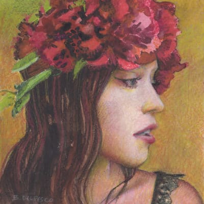 woman in profile with peony flowers in her hair