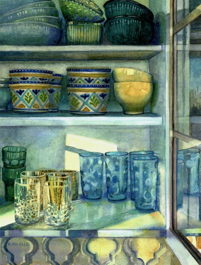 a still life watercolor of a kitchen cabinet in the sun featuring glasses, bowls and goblets