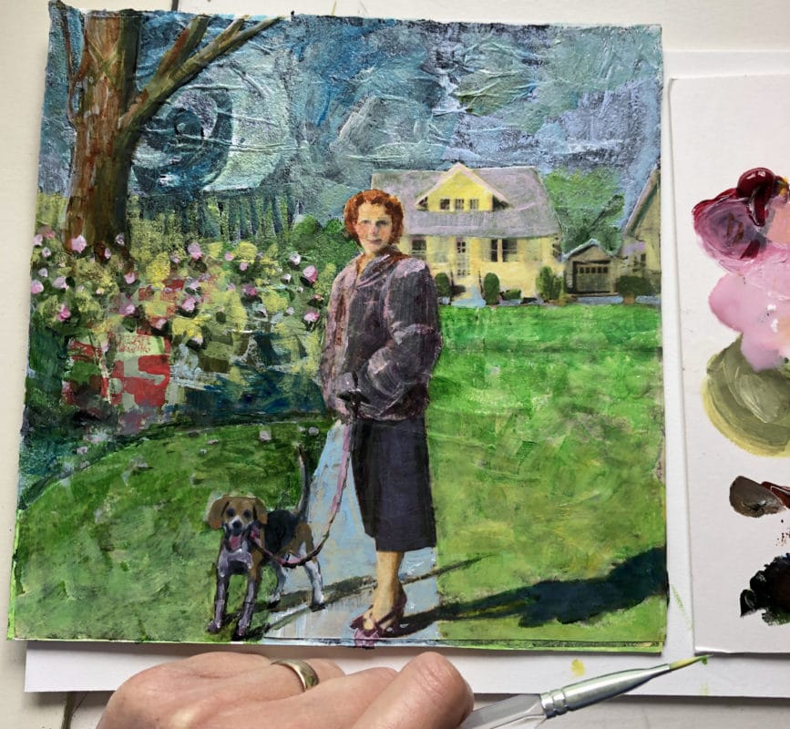 a vintage photo collage, reimagined by trimming and overlaying different photos, and painting the scene with acrylics