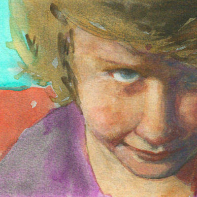 portrait of a little kid, head down, staring out from under her eyebrows with determination, in watercolor in a Moleskine notebook