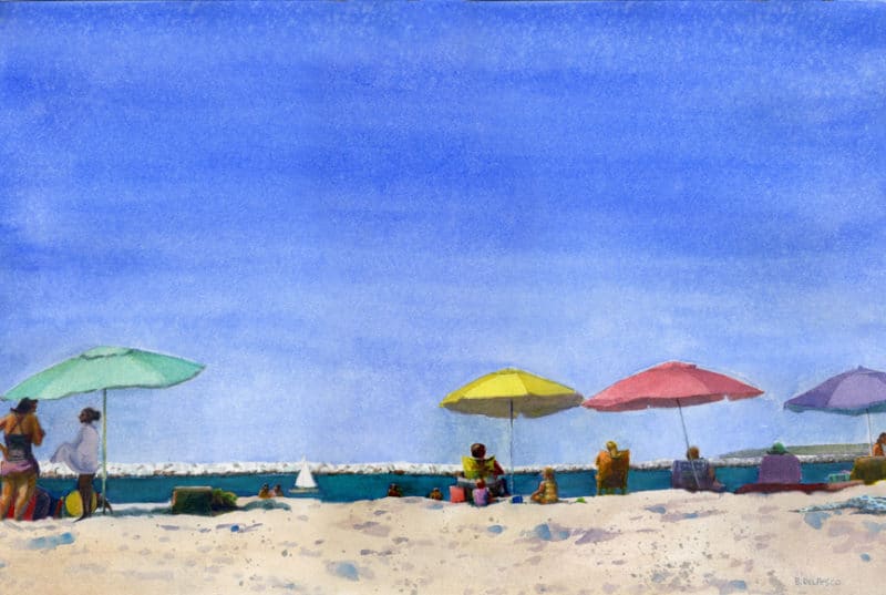Mother's Beach Ventura watercolor with colorful parasols