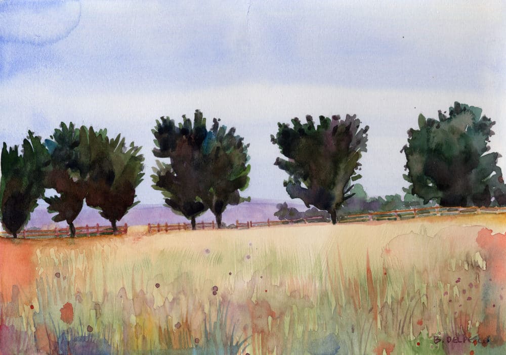 a watercolor painting of a landscape showing a property line of trees