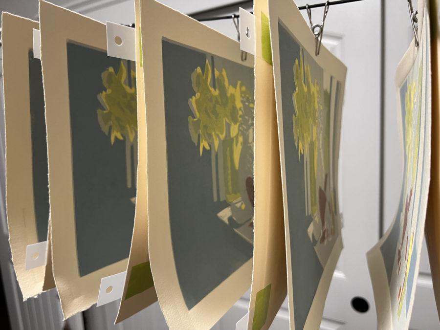 Reduction Linocut prints drying in the art studio
