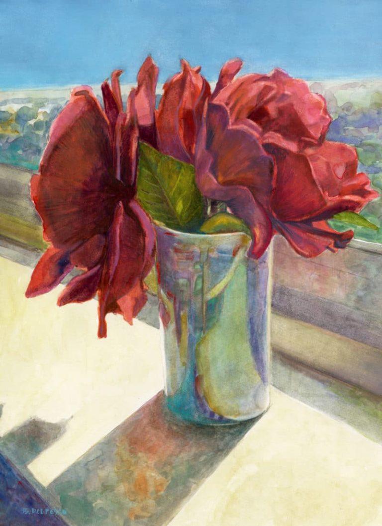 a bud vase woth bright red roses on a sunny windowsill in watercolor